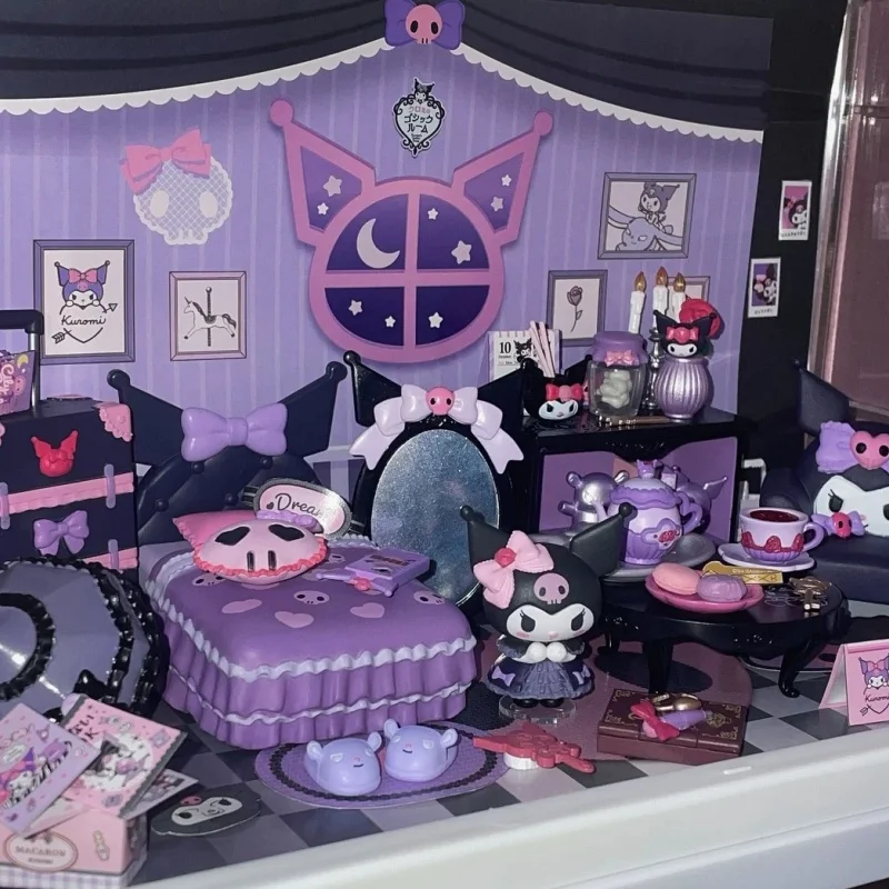 Originele Re-Ment 8pcs Sanrio My Melody'Room Kuromi'S Gothic Kamer Action Figure Speelgoed Kids Gift Collectible Model ornamenten Speelgoed