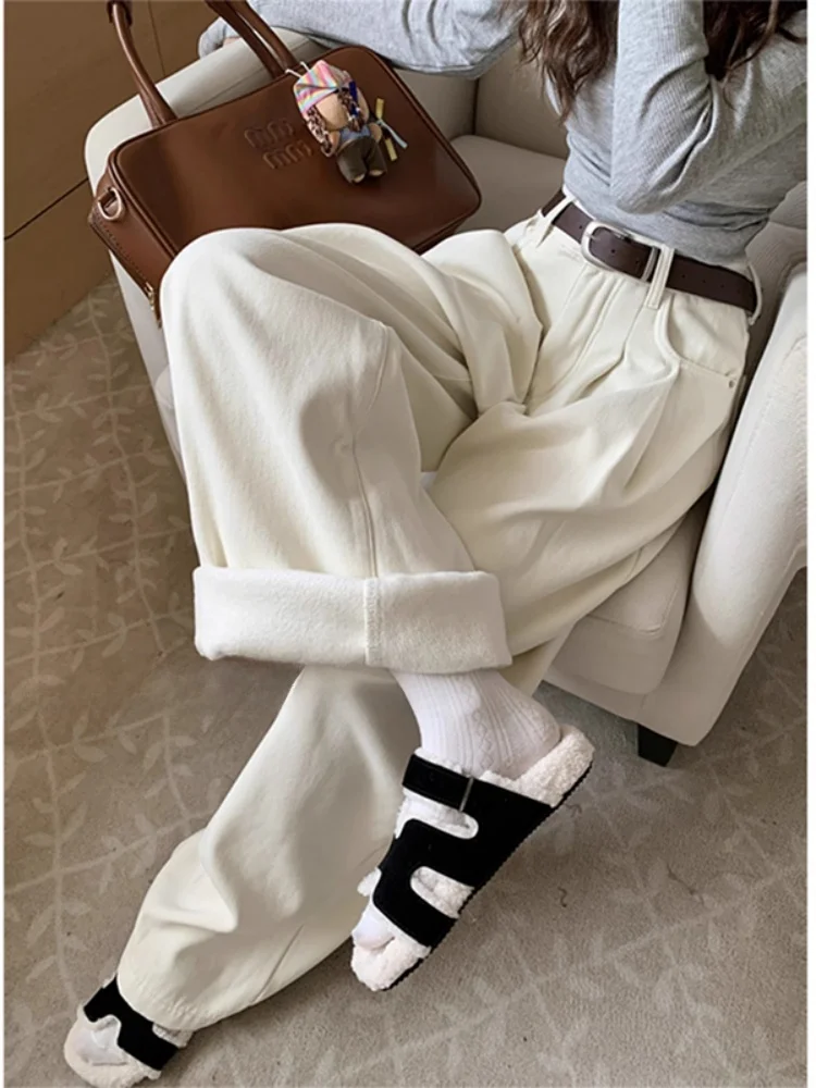 حجم كبير Fce اصطف ثي الدنيم السراويل النساء الشتاء الكمثرى aped الجسم فضفاض سليم عالية الخصر مستقيم الساق واسعة الساق بنطلون