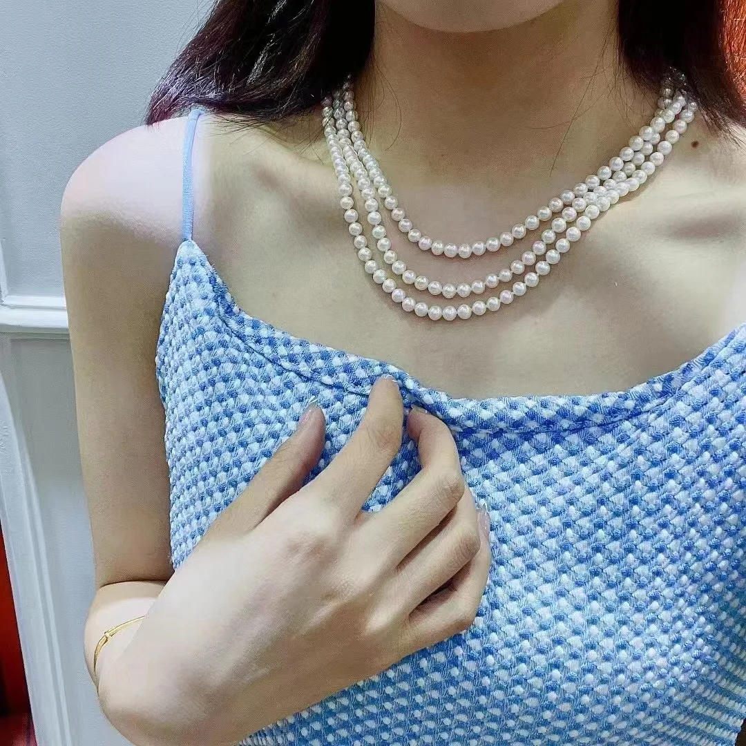 5-6mm Three Layers Fine Jewelry Natural Fresh Water White Peals Multi Layers Necklaces for Women Fine Pearls Necklaces