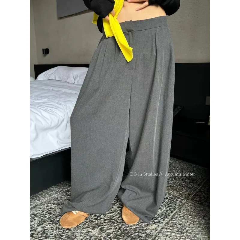 QWEEK Oversized Casual Woman Grey Pants Korean Fashion Baggy Basic Office Lady Suit Trousers Harajuku Y2k Autumn New Pantalones