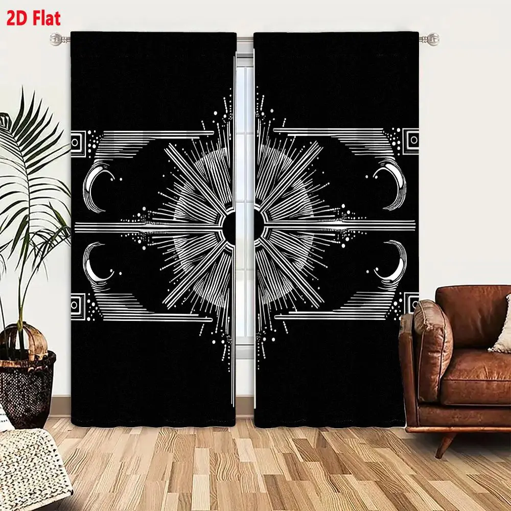 2Pcs Curtains 2D Flat Geometric Black And White Sunburst Design With Cross And Moon Motifs Window Drapes for Bedroom Room Decor