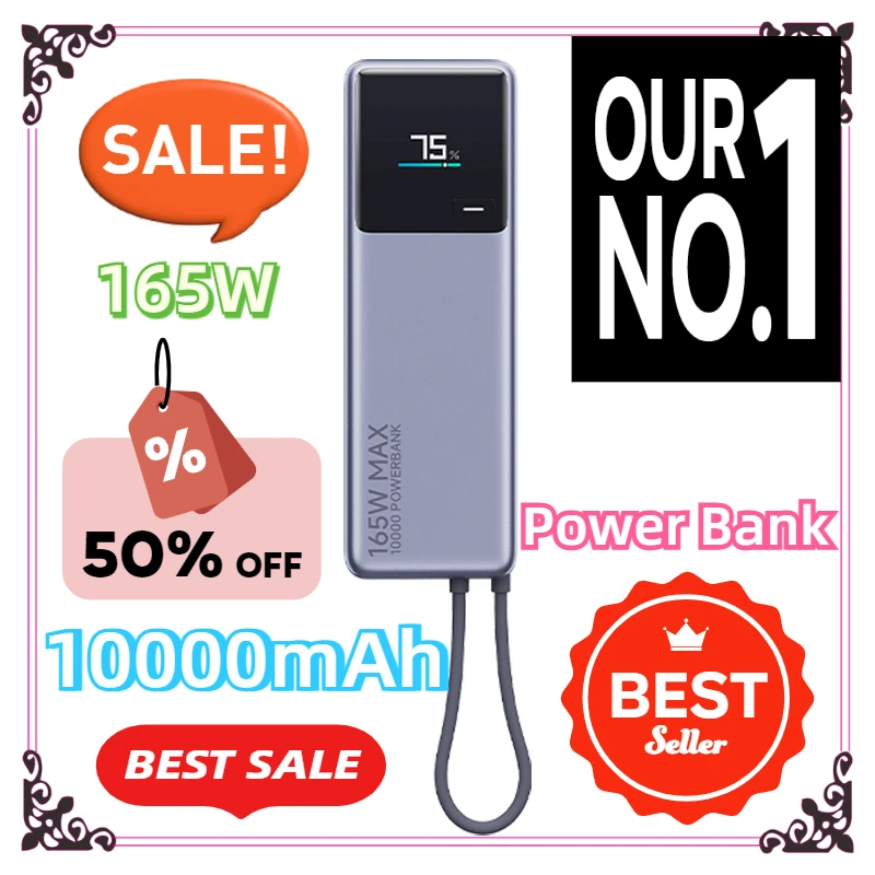 For  IPhone 15 Xiaomi 14 Pro Xiaomi Built-in Cable Power Bank 10000mAh 165W  LED Display Portable Charger