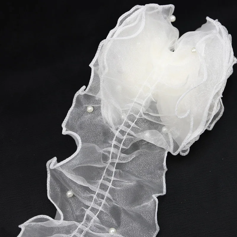 

(2Meters/pack) 11cm French Lace Fabric Skirt Accessories Pleated Ribbon Pearl Trim Snow Yarn Ruffles Laces for Garments Bow Diy