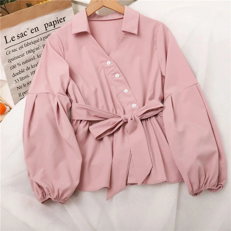 Korean V-neck New Ruffle Shirt Women Elegant Lantern Sleeve Blousa Casual Elastic Waist Blouses Fashion Sweet  Lace Up Tops