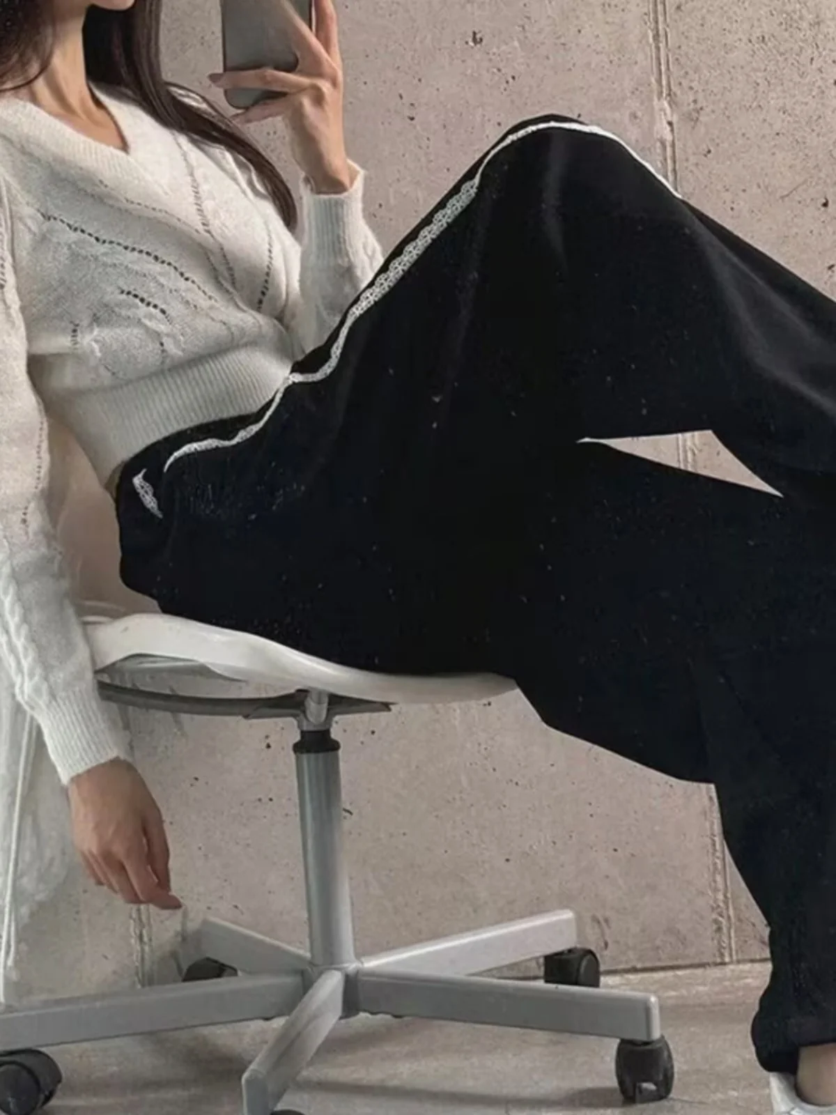 Korean Sle Casual Pants Women's Loose Wide Leg Lace Patchwork Long Trousers Faionable Comfortable High Waist Straight Leg