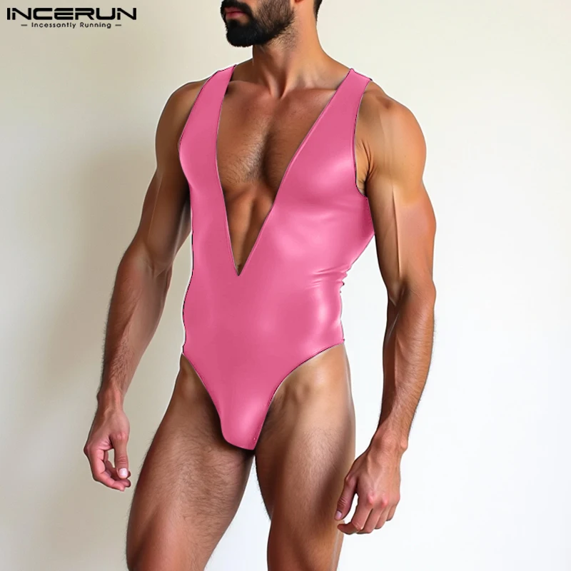 

2024 American Sexy Men Sleeveless Bodysuits INCERUN Men Causal Solid Color Onesies Deep V-neck Comfortable Homewear Loungewear