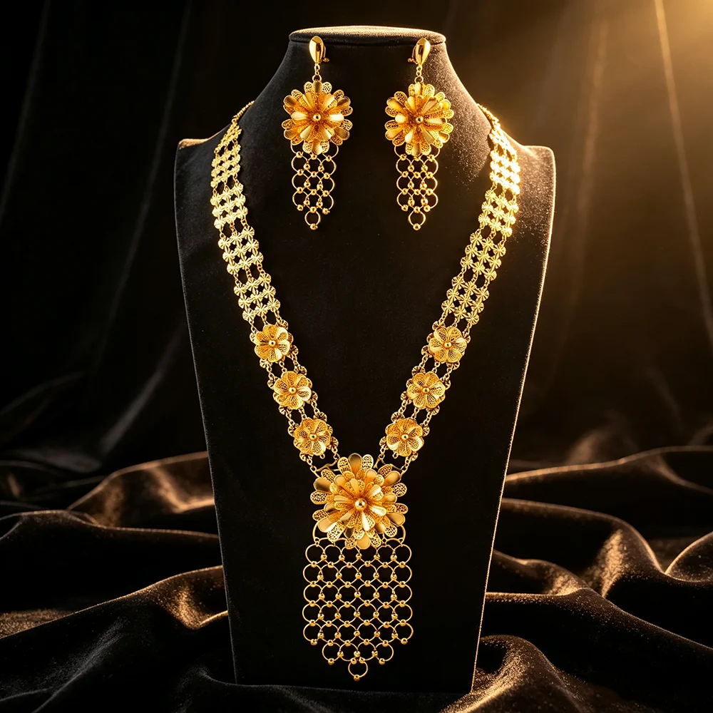 Luxuriöse 24K vergoldete lange Blumen-Mesh-Quasten-Halskette und Ohrringe, Dubai Afrikanische Braut Hochzeitsparty Accessoires Geschenk für Frauen