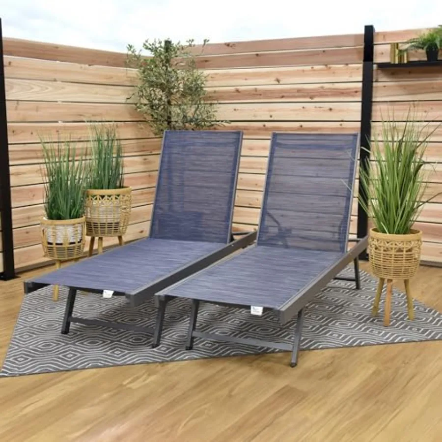 Outdoor chaise lounge chairs set of 2, aluminum frame, navy sling seat, adjustable reclining for tanning and lounging, lay-flat