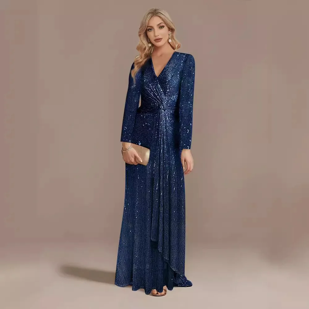 Long Sleeved V-neck Evening Luxury Night Dress Prom Elegant  for Women Wedding Party V-neck Long Sleeve Dresses Formal Occasion