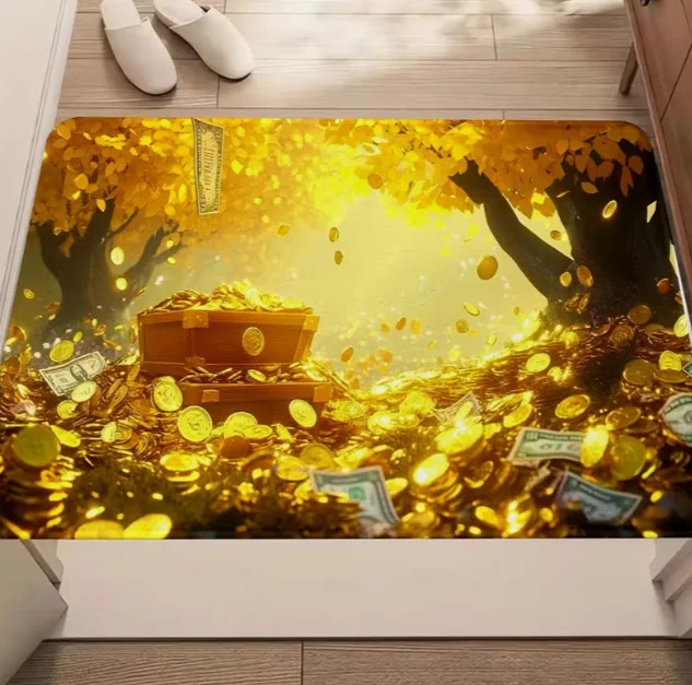 A Modern Style Carpet Designed with Gold Coins US Dollar Bills Decorating Bedrooms Kitchens and Indoor Holiday Themed Carpets