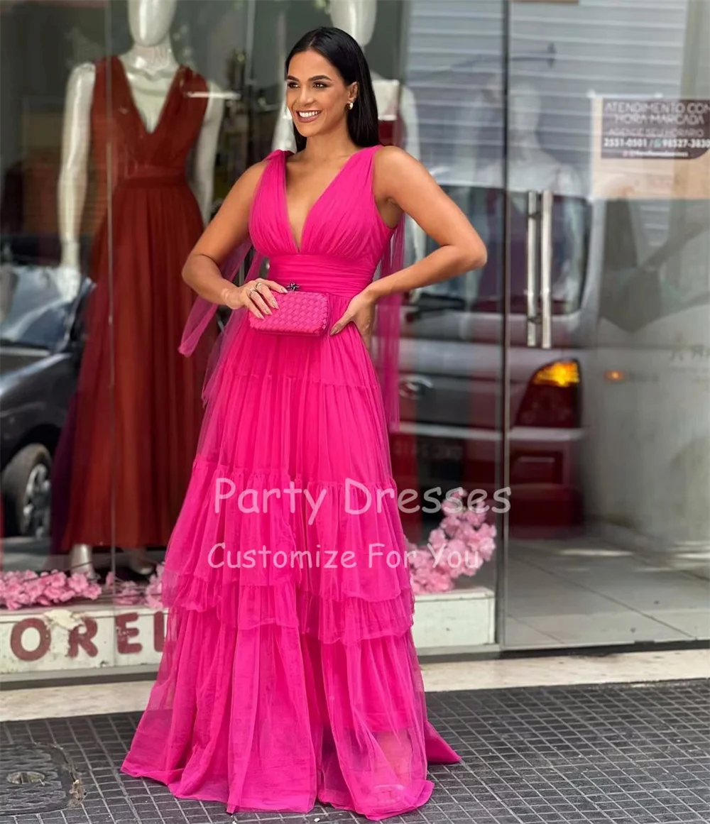 Bella-vestido de noche de tul con cuello en V, traje de línea A, largo hasta el suelo, con tirantes finos, Formal, para fiesta de San Valentín y boda