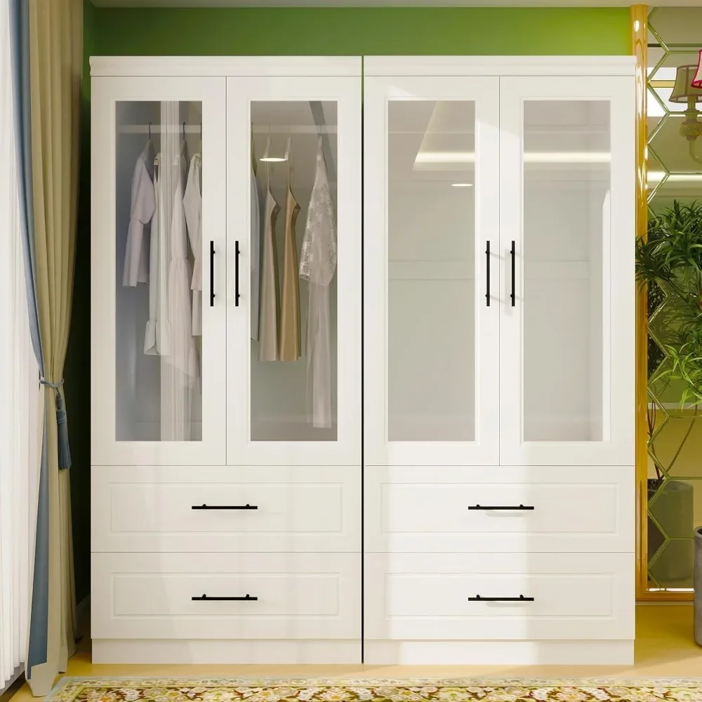 Wooden Armoire Wardrobe Closet with Glass Door, Bedroom Armoire Storage Cabinet, 4 Door Modern White Armoire Wardrobe Closet