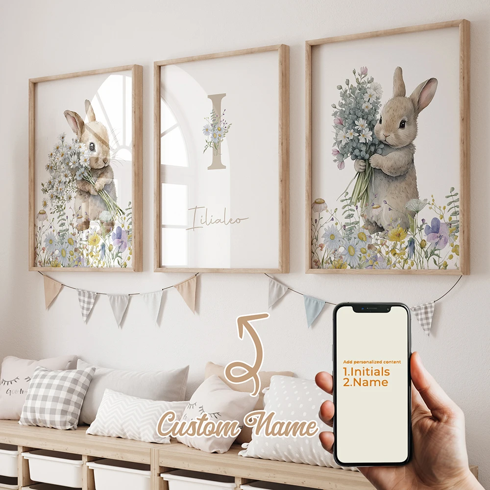 

3pcs Personalized Custom Name Cute Cartoon Animal Rabbit Wall Art Print Picture For Living Room Kids Room Home Decor Gift