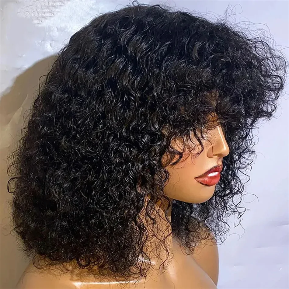 Perruque Bob Brésilienne Bouclée avec Frange, Cheveux Naturels Courts, Deep Wave, Sans Colle, pour Femme Noire