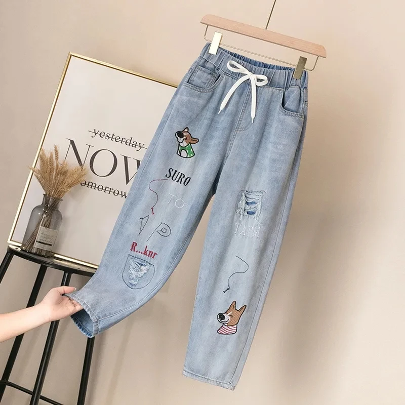 

Cartoon Embroided Harem Jeans Womens Denim Pants Lace Up Spodnie Straight Ripped Vaqueros High Waist Cropped Pants Large Size