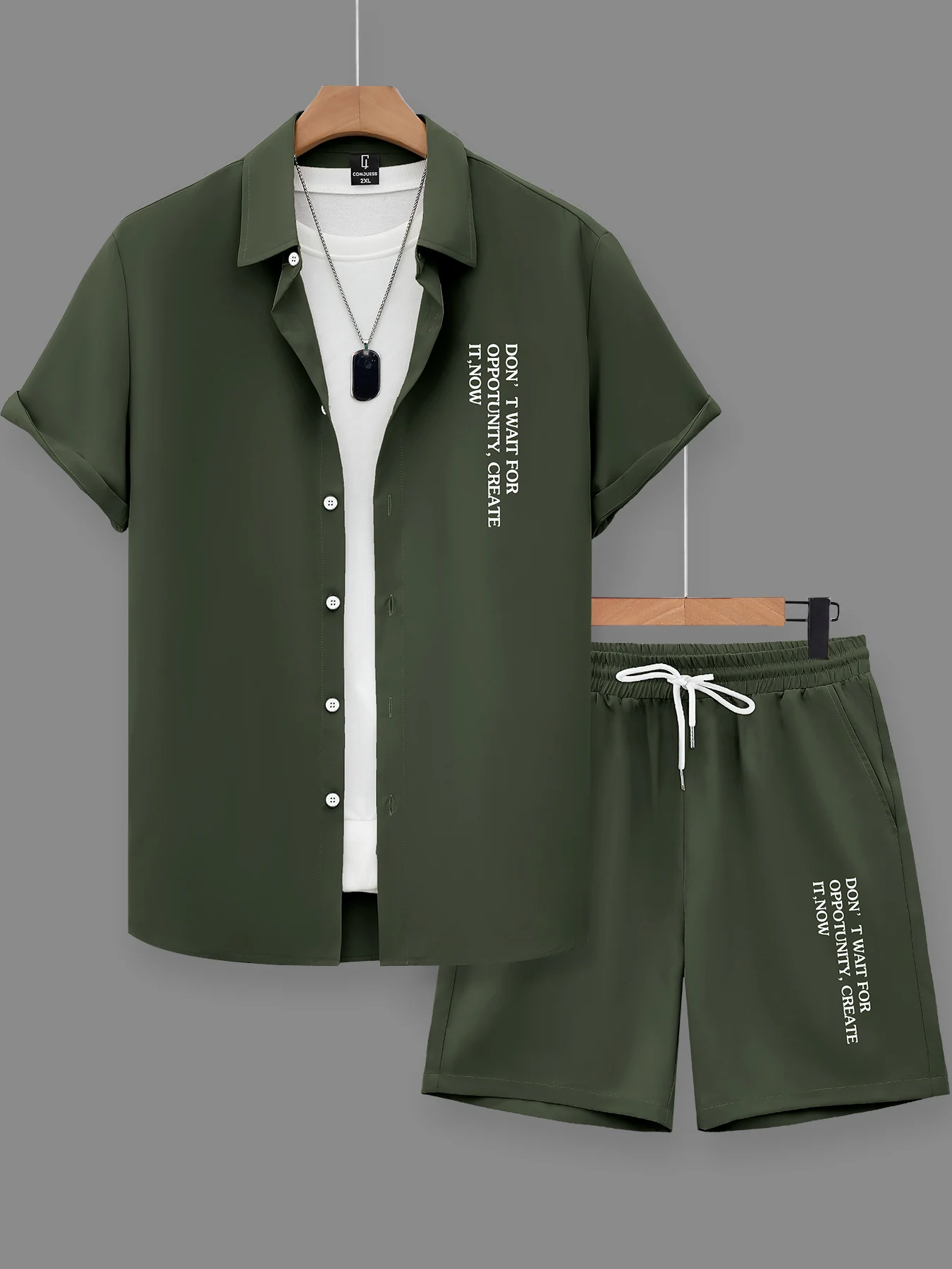 

Men's Plus Size 2 Piece Army Green Slogan Embroidery Set, Lapel Short Sleeve Shirt & Drawstring Shorts, Oversized Casual Outfit