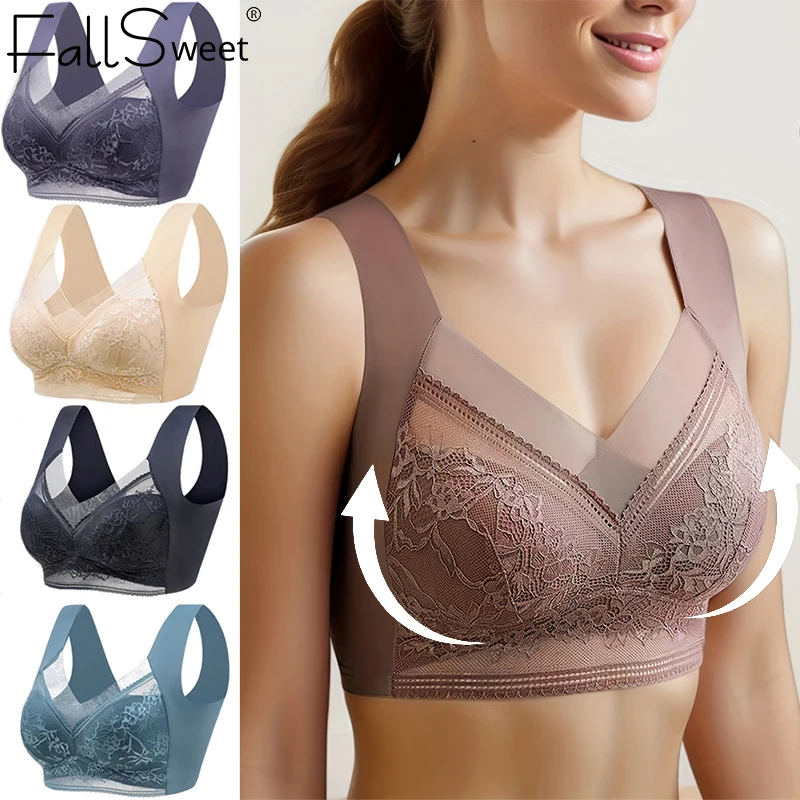 FallSweet L-5XL Ice Silk Seamless Bra for Women Anti-sagging Lift Lace Wireless Bralette Summer Push Up Underwear Top Lingerie