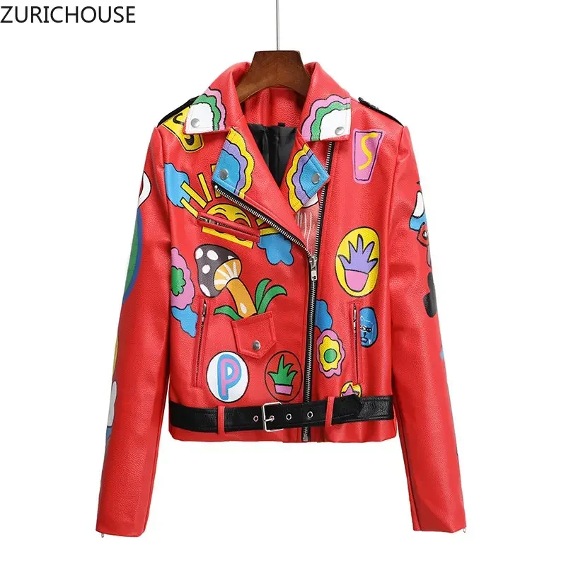 Streetwear Contrast Graffiti Print Red Leather Jacket for Women 2024 New Slim Zipper Short Motorcycle Jacket косуха женская