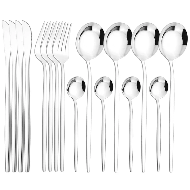 16Pcs Silver Cutlery Set Knife Fork Spoons Dinnerware Set Stainless Steel Tableware Western Flatware Kitchen Silverware Set