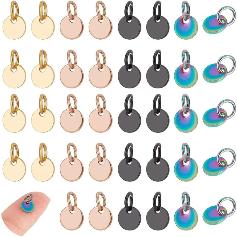 about 30pcs 5 Colors Flat Round Charms with Jump Rings Stainless Steel Pendants Smooth Pendant Blank Tag for DIY