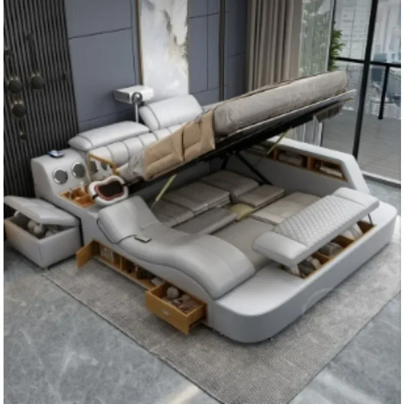 

High-quality Durable Luxury King Size Genuine Leather Bed / Tech Smart Bed / Multifunctional Ultimate Bed With USB,Projecter