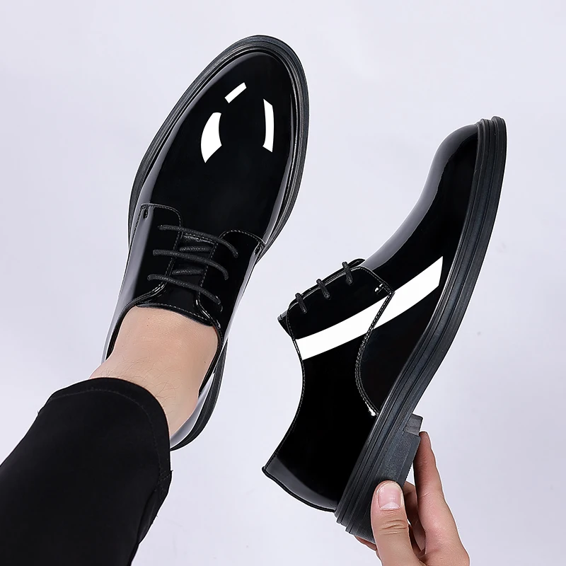 FUQIAO New Men 6/8cm Derby Shoes Patent Leather Height Increase Men Dress Shoes Formal Elevator Business Lift Shoes Bright Upper