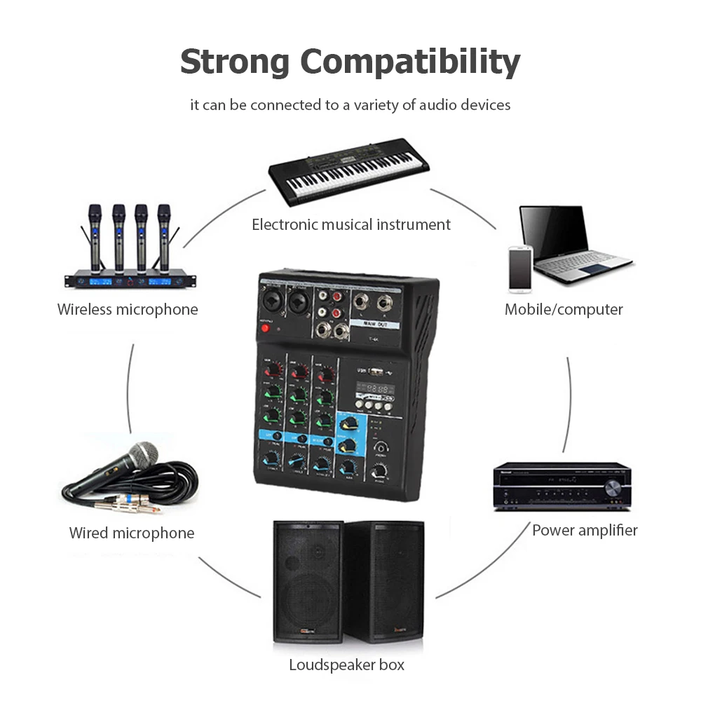 Professional Sound Mixing Console USB Interface Audio Mixer F-4A Wireless 4-channel Phantom Power Live Sound Card for Computer