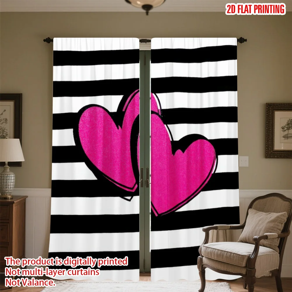 

2D flat printing 2pcs Party Curtains Valentine's Day Pink Hearts Digital Printed Polyester Drapes Holiday Decorations Perfect