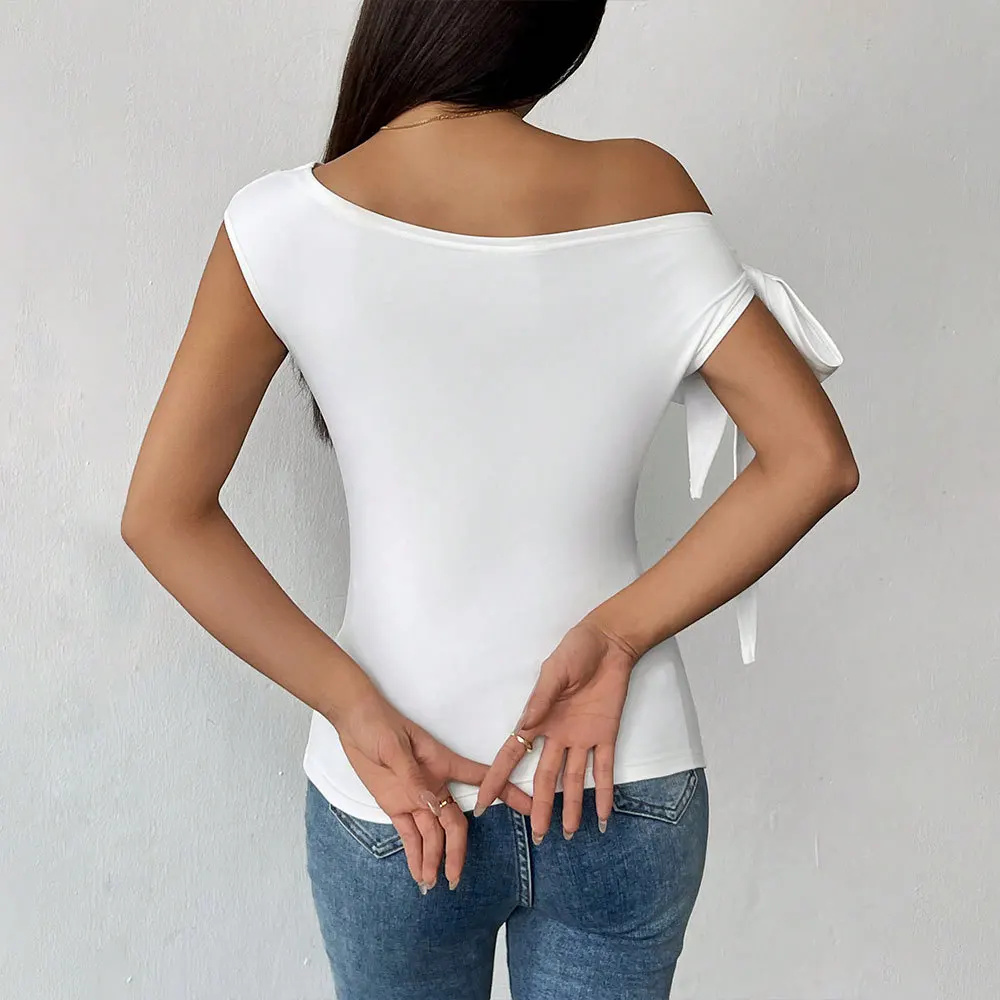 Sexy Slant Collar Shoulder Bared Short T Shirt Women's Fashion Design Unique Cross Border Spring Summer New Arrival Top