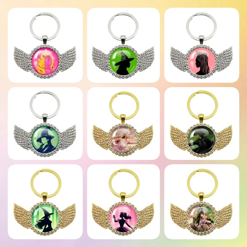 Hot Movies Wicked Glinda Elphaba Angel Wing Round Keychain Glass Accessories Charms Heart Necklace Fans Jewelry Cosplay Gift