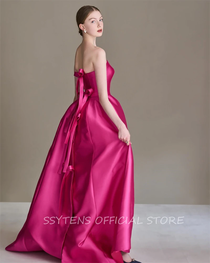 Modern Pink Long Formal Evening Dresses Strapless Celebrity Party Gowns A Line Prom Dress Dubai Sleeveless Bow vestidos de gala