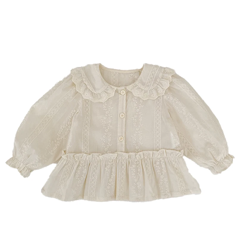 Koreanischer Stil Baby-Mädchen Spitzenbluse mit Puppenkragen, Herbst Langarm-Rüschenhemd, Besticktes Rüschen-Prinzessinnen-Oberteil für Kinder, Lässiges Top – Detail 14