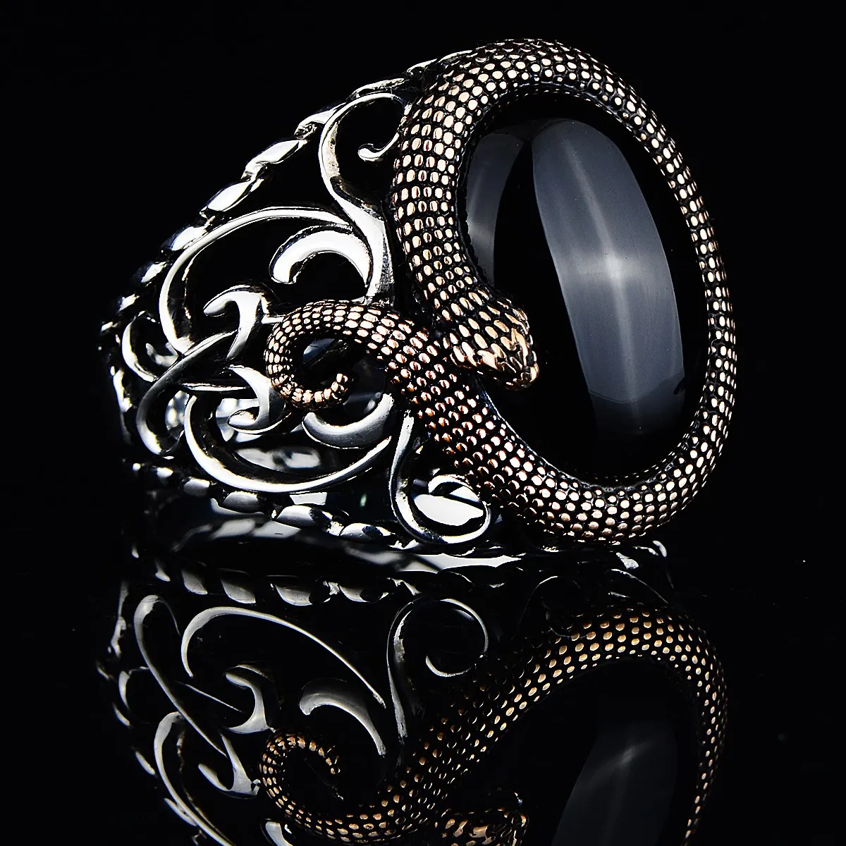 Silver Onyx Ring , Silver Snake Model Ring , Silver Serpent Ring , Men Gothic Design Snake Ring , 925k Sterling Silver Ring