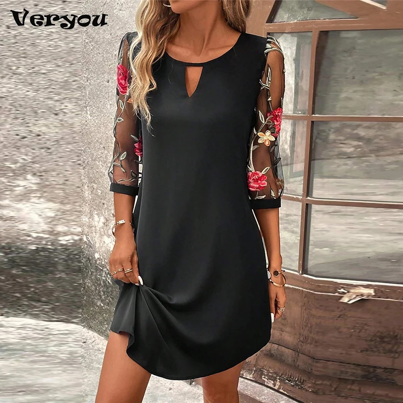 Summer Party Mesh Floral Print Dress Elegant Keyhole Neck 3/4 Sleeve Dress Women's Elegant Dress 2024