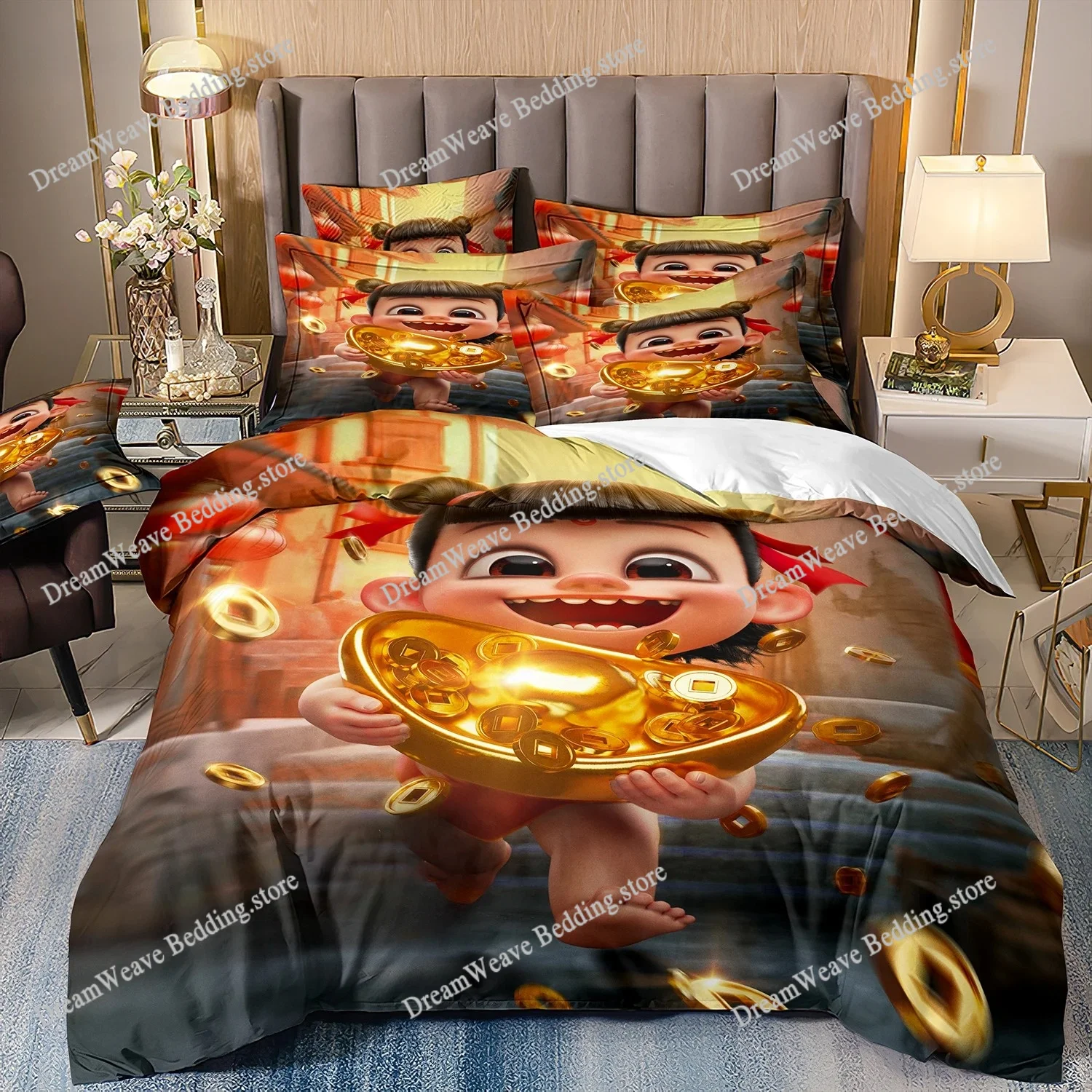 

Chinese Animation Nezha Bedding Set Duvet Cover 3d Bedding Fashion Design Decoration King Duvet Cover Set Double Bed Set Bedding