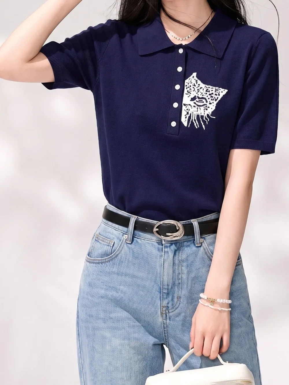 New Women's Retro Leopard Print Cat Face Embroidered Short Sleeve T-Shirt Summer Fashion Slim Fit Youthful Casual Versatile Top