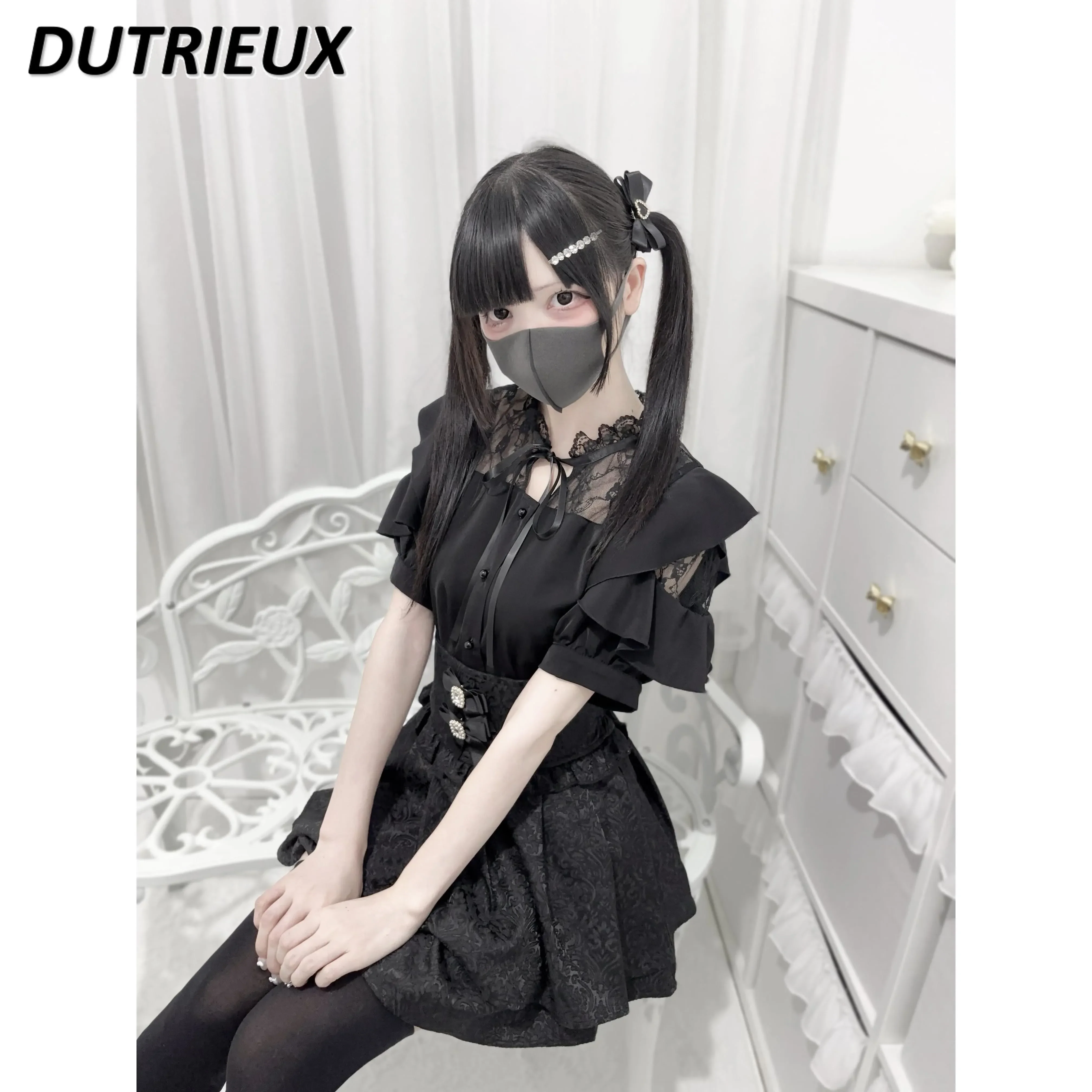 Lace Casual Elegant Blouses Female Spliced Ruffle Edge Short-sleeved Shirt Lolita Japanese Style Fashion Women's Tops Summer