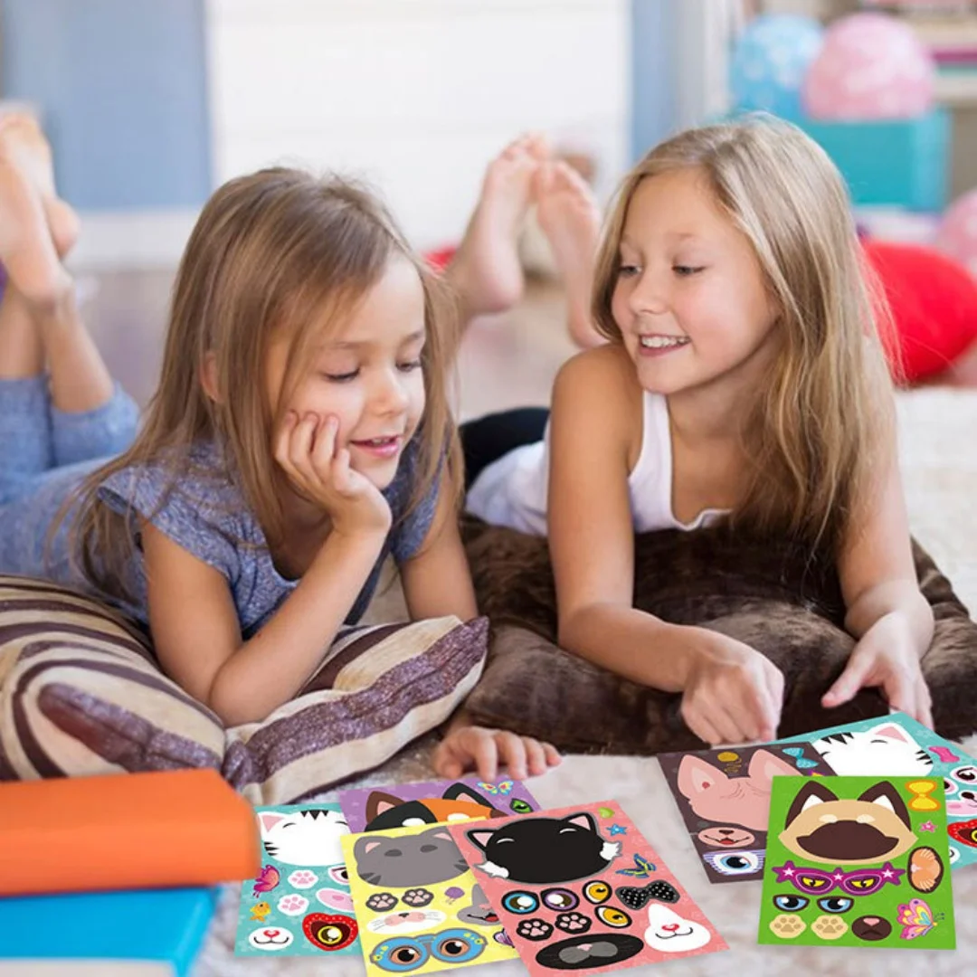 6 sheets per set cat assembly stickers. DIY animal facial expression stickers, ideal sticker gifts for kids’ birthday parties.