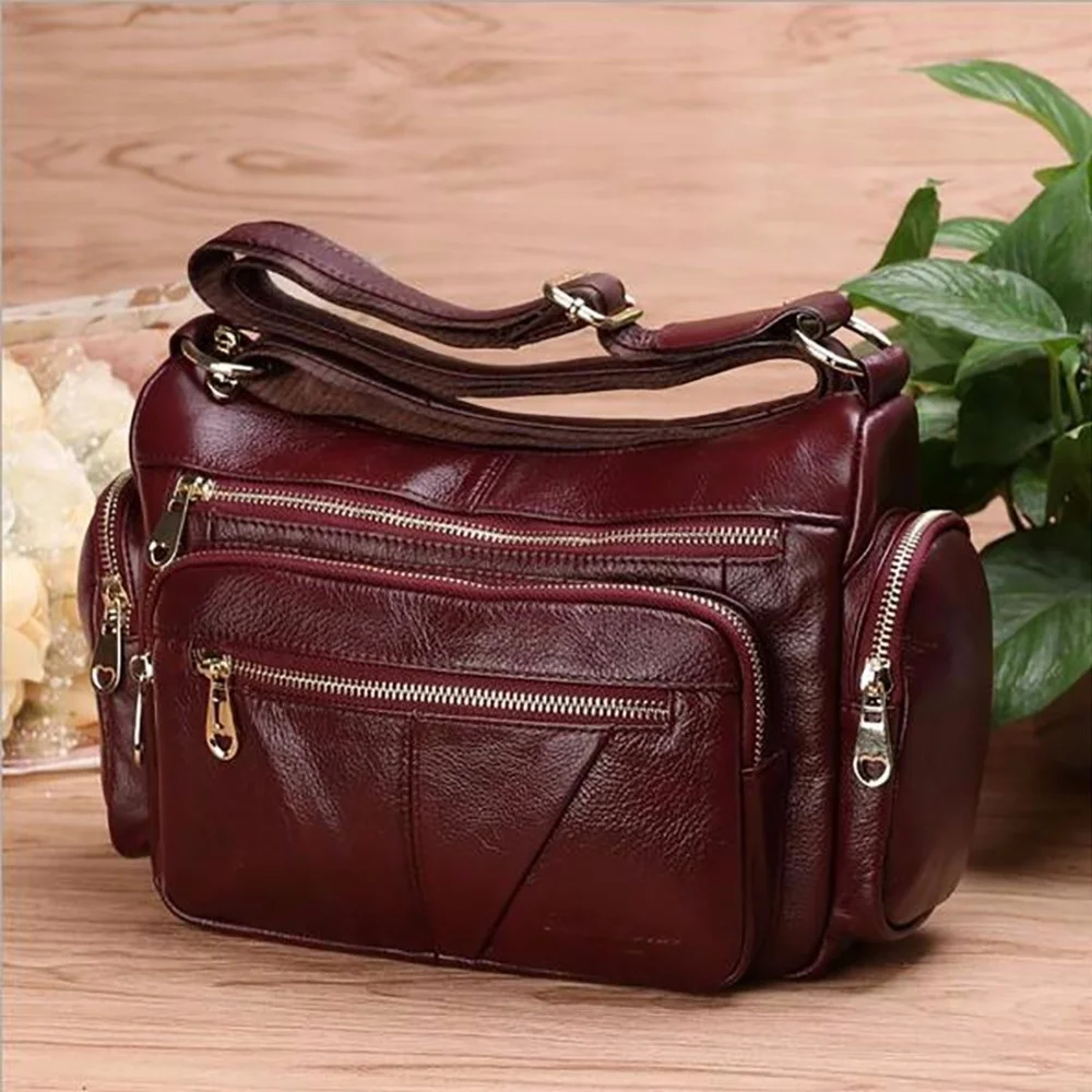 Women Genuine Leather Shoulder Bag Natural Skin Cowhide Large Capacity Female Satchel Multi-pocket Messenger Travel Bags