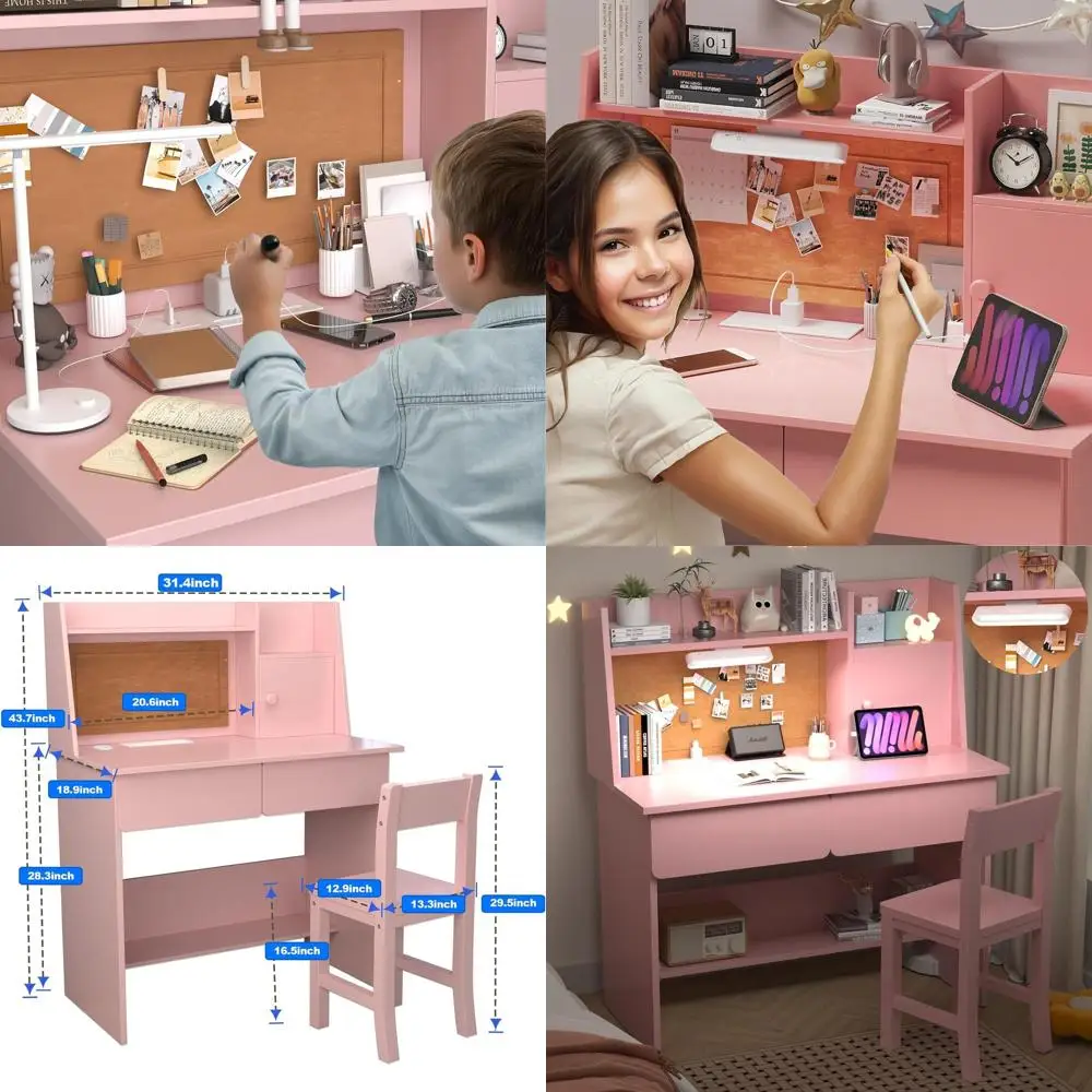 

Розовый деревянный комплект для учебы (стол и стул) с подсветкой, зарядкой и местом для хранения для девочек