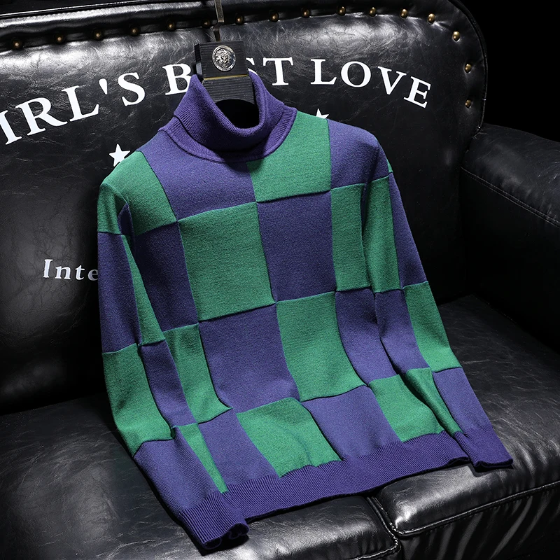 

Minglu шерстяной пуловер с воротником, мужские свитера высокого качества, клетчатые свитера с длинными рукавами контрастного цвета, осень-зима, повседневные мужские свитера