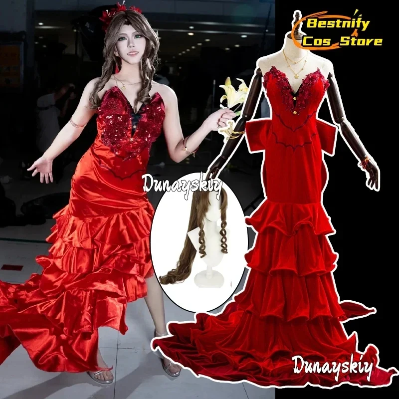 

ABC123CosplayAerith Gainsborough Cosplay Costume Anime Game Fantasy VII Wig Sexy Red Dresses Women's Lolita Skir3'd,5;h.9/