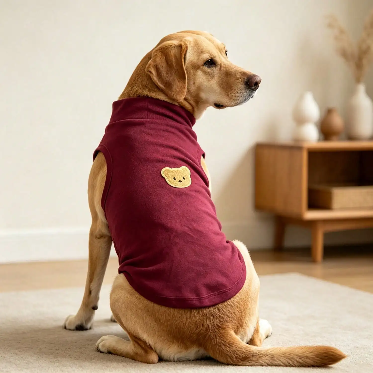 Ärmelloses Rollkragen-Hundeweste für große Hunde, weiche Strickkleidung für Haustiere mit niedlichem Bären-Applikationsaufnäher, warmes Hausoutfit – Detail 1