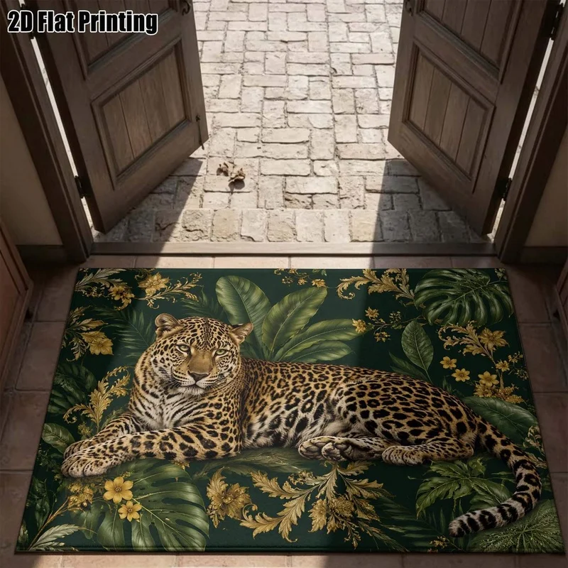 1Pc Vintage Light Luxury Leopard Tropical Plant Print Rug, Bohemian Style Decorative Rug for Living Room, Bedroom, Dining Room, Bedside, Indoor and Outdoor Patio, Home Decor Accessories