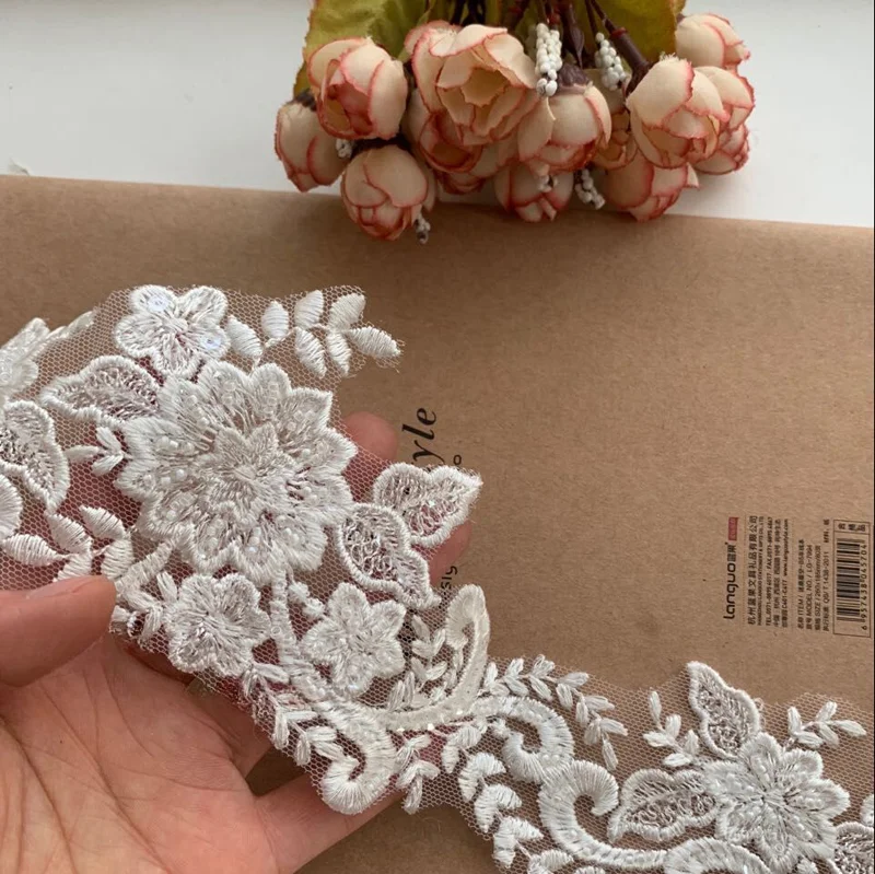 Milchweiße Perlen-Spitzenborte für Hochzeitskleider, Schleierkantenverzierung, Handgefertigte DIY-Accessoires, 5 Yards/Lot – Detail 4