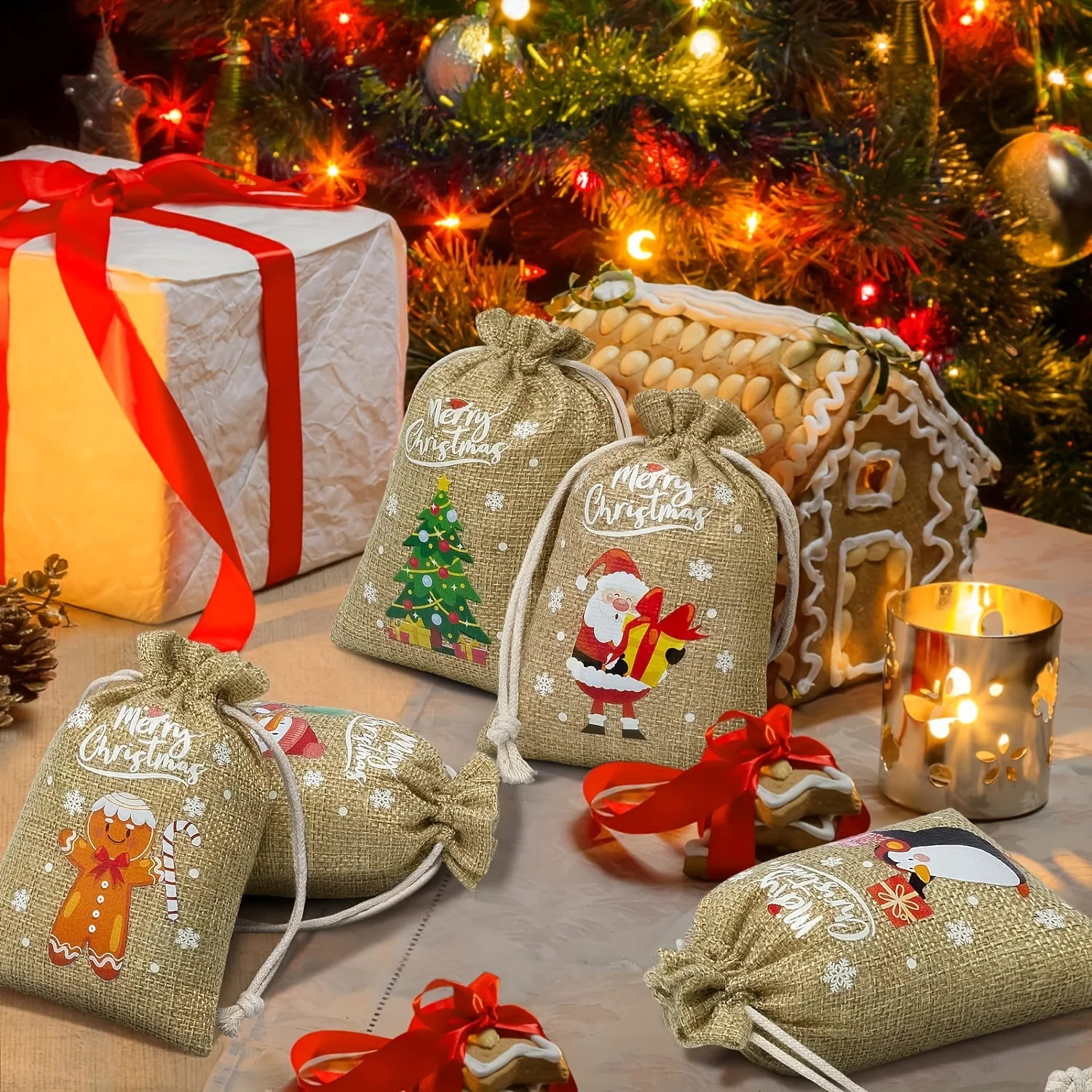 12pcs Christmas Candy Gift Bag Santa Claus Patterns Natural Jute Bags Burlap Drawstring Pouch Jewelry Packaging Party Gift Bag