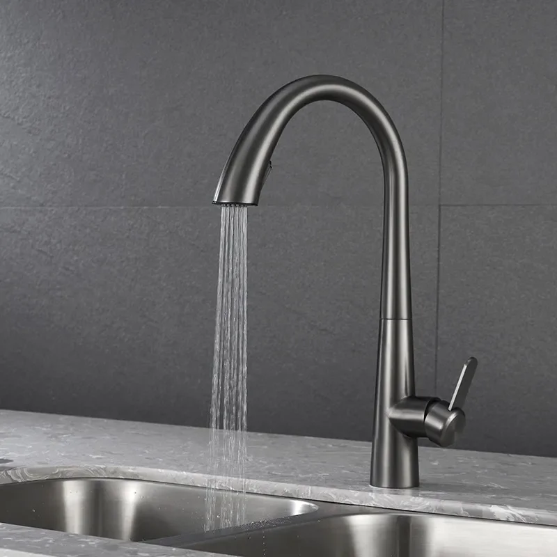 

Kitchen Faucets Grey Faucets for Kitchen Sink Pull Out Brushed Gold Spring Spout Mixers Tap Hot Cold Water Crane