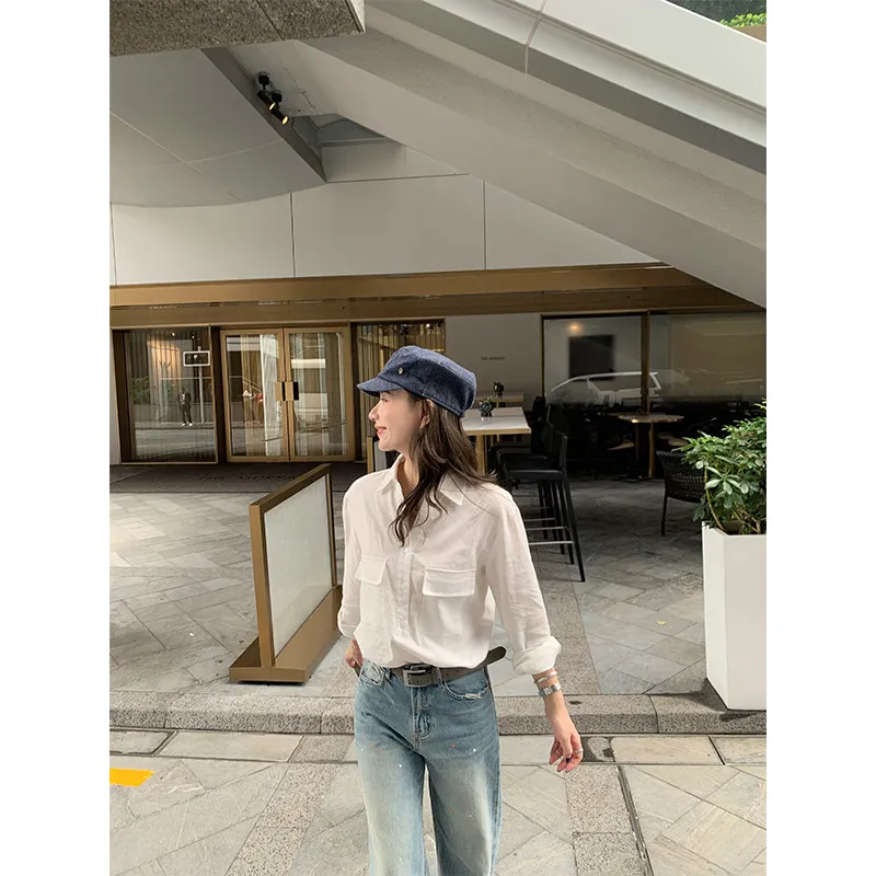 

Ele White Linen irt Women's Spring Thin Pure Color Casual Sle Long Sve Breathable Flip-Collared Casual irt