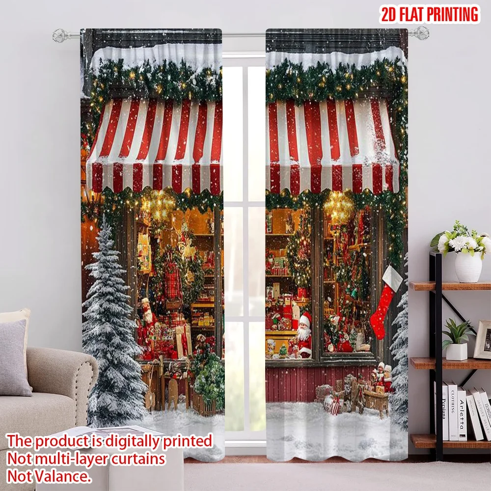 

2pcs 2D flat printing Merry Christmas Drapes Santa Claus Toy Store Fabric Without Electricity Festive Holiday Perfect for