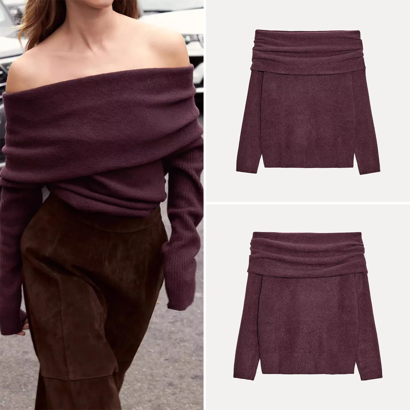 

Ele Long Sve Knitted oulder Bared Straight Cut Women's Faion Autumn 2025 Z Premium Quali Ladies Top